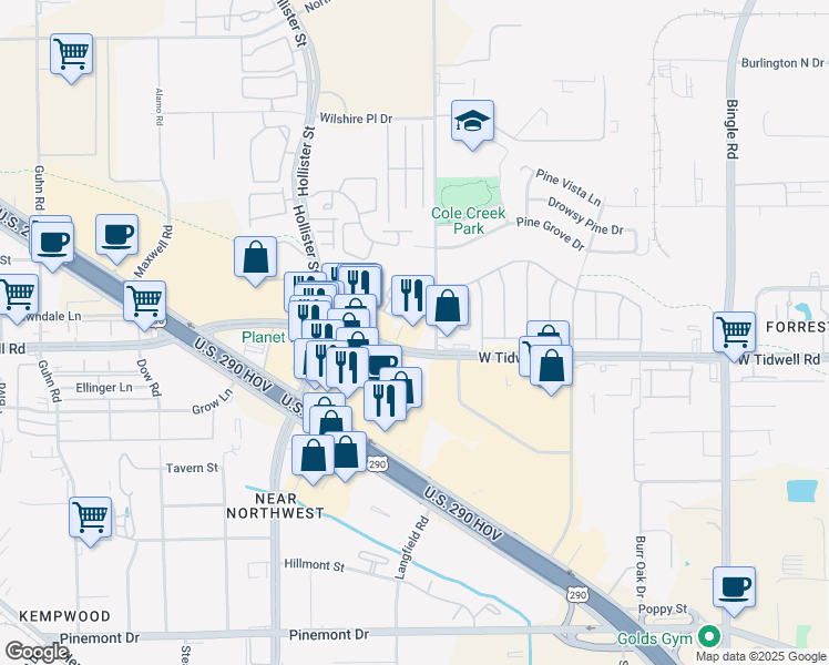 map of restaurants, bars, coffee shops, grocery stores, and more near 7306 West Tidwell Road in Houston