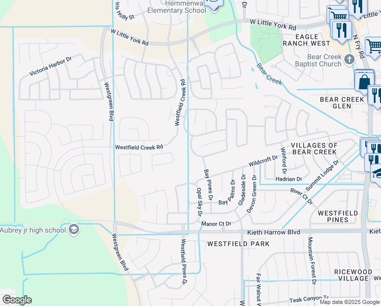 map of restaurants, bars, coffee shops, grocery stores, and more near 5135 Royal Jasmine Place in Katy