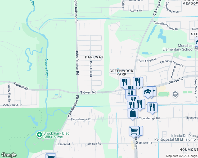 map of restaurants, bars, coffee shops, grocery stores, and more near 12031 Blue Island Drive in Houston