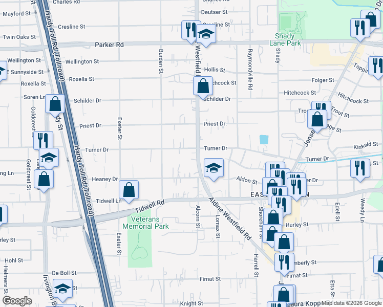 map of restaurants, bars, coffee shops, grocery stores, and more near 2110 Turner Drive in Houston
