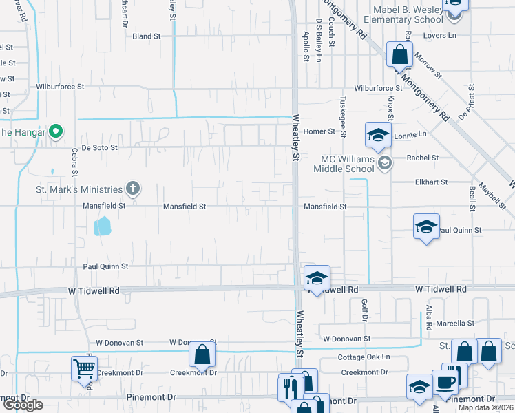 map of restaurants, bars, coffee shops, grocery stores, and more near 1217 Mansfield Street in Houston