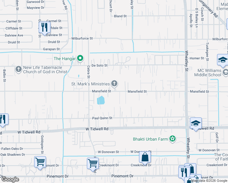map of restaurants, bars, coffee shops, grocery stores, and more near 1913 Mansfield Street in Houston