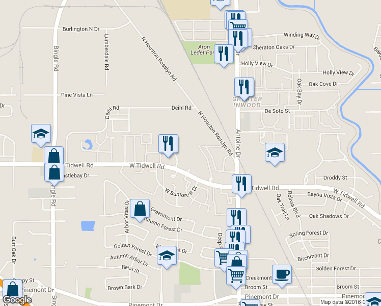 map of restaurants, bars, coffee shops, grocery stores, and more near 5700 Lost Forest Drive in Houston