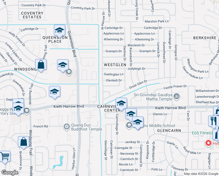 map of restaurants, bars, coffee shops, grocery stores, and more near 17035 Gleneviss Drive in Houston