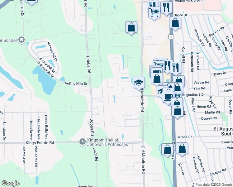 map of restaurants, bars, coffee shops, grocery stores, and more near 624 South Tree Garden Drive in St. Augustine