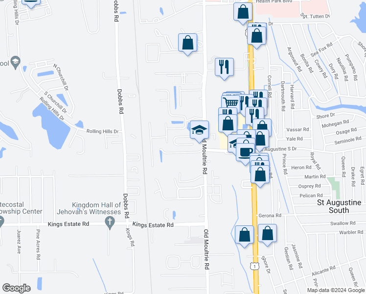 map of restaurants, bars, coffee shops, grocery stores, and more near 234 Moultrie Village Lane in St. Augustine