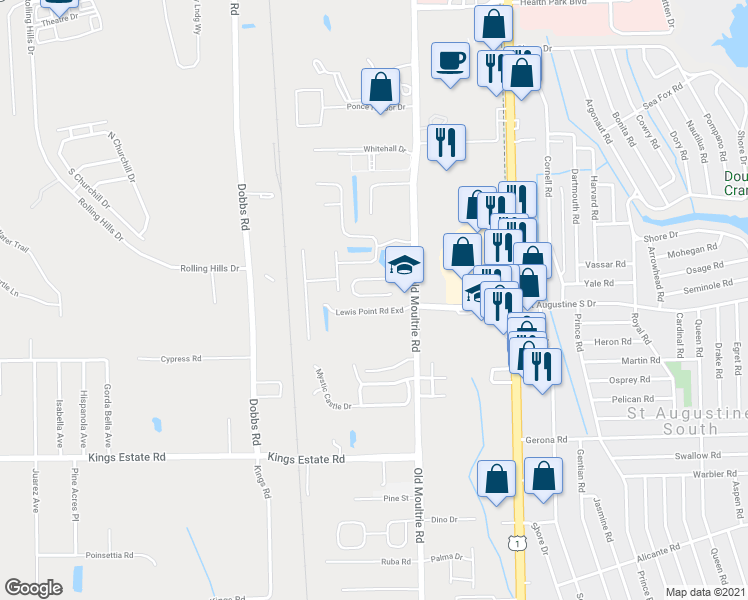 map of restaurants, bars, coffee shops, grocery stores, and more near 242 Moultrie Village Lane in Saint Augustine