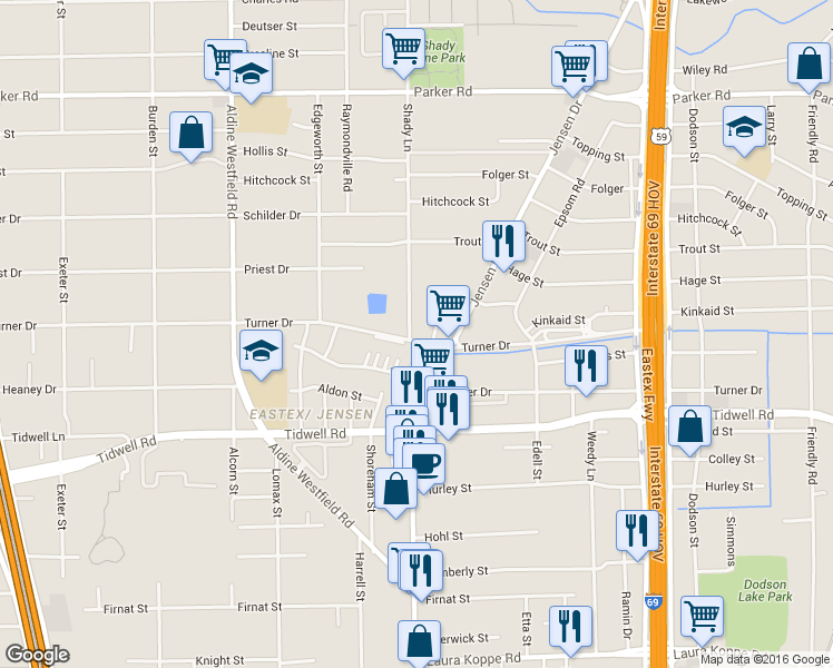 map of restaurants, bars, coffee shops, grocery stores, and more near 9718 Shady in Houston