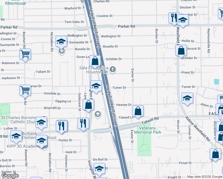 map of restaurants, bars, coffee shops, grocery stores, and more near 9650 East Hardy Road in Houston