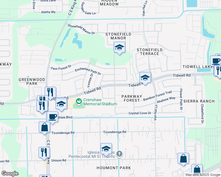 map of restaurants, bars, coffee shops, grocery stores, and more near 8630 Winewood Drive in Houston