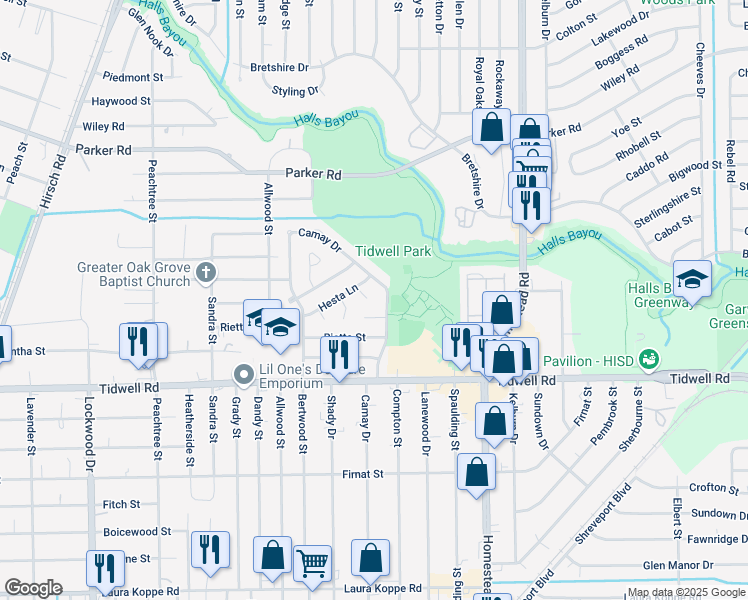 map of restaurants, bars, coffee shops, grocery stores, and more near 9806 Shadydale Lane in Houston