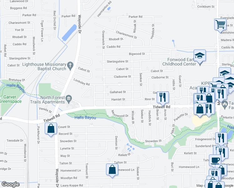 map of restaurants, bars, coffee shops, grocery stores, and more near 8138 Gallahad Street in Houston