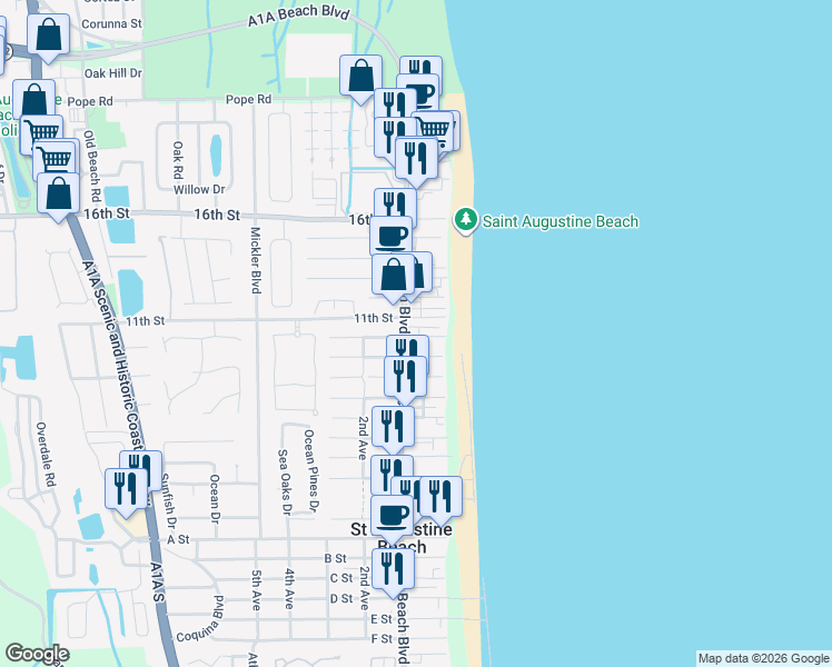 map of restaurants, bars, coffee shops, grocery stores, and more near 514 A1A Beach Boulevard in St. Augustine Beach