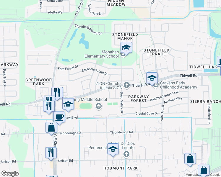 map of restaurants, bars, coffee shops, grocery stores, and more near 8634 Sherrywood Drive in Houston