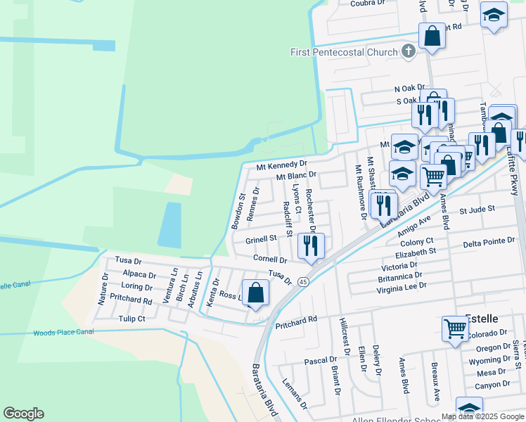 map of restaurants, bars, coffee shops, grocery stores, and more near 3032 Lillie Street in Marrero