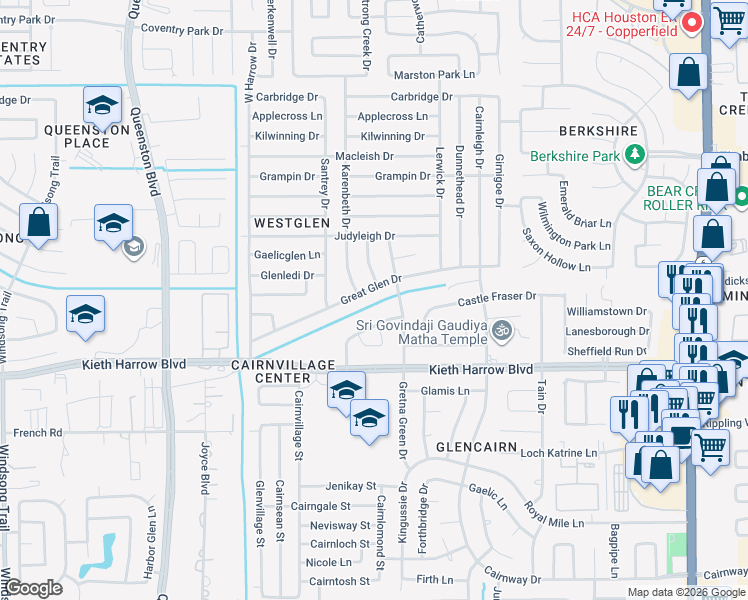 map of restaurants, bars, coffee shops, grocery stores, and more near 16923 Great Glen Drive in Houston
