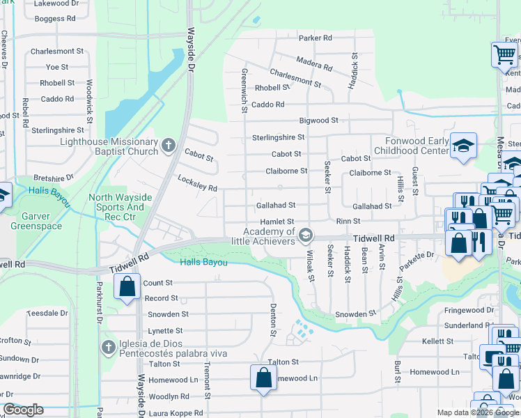 map of restaurants, bars, coffee shops, grocery stores, and more near 8118 Gallahad Street in Houston