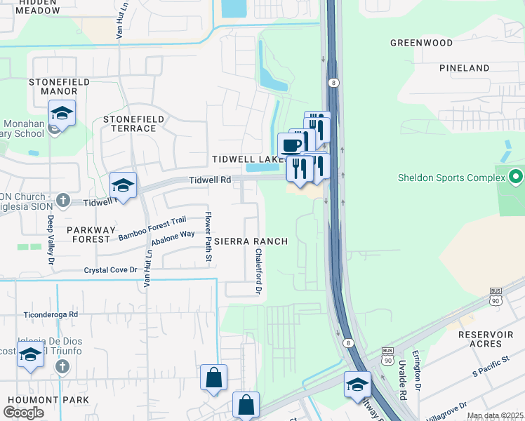 map of restaurants, bars, coffee shops, grocery stores, and more near 8658 Chaletford Drive in Houston