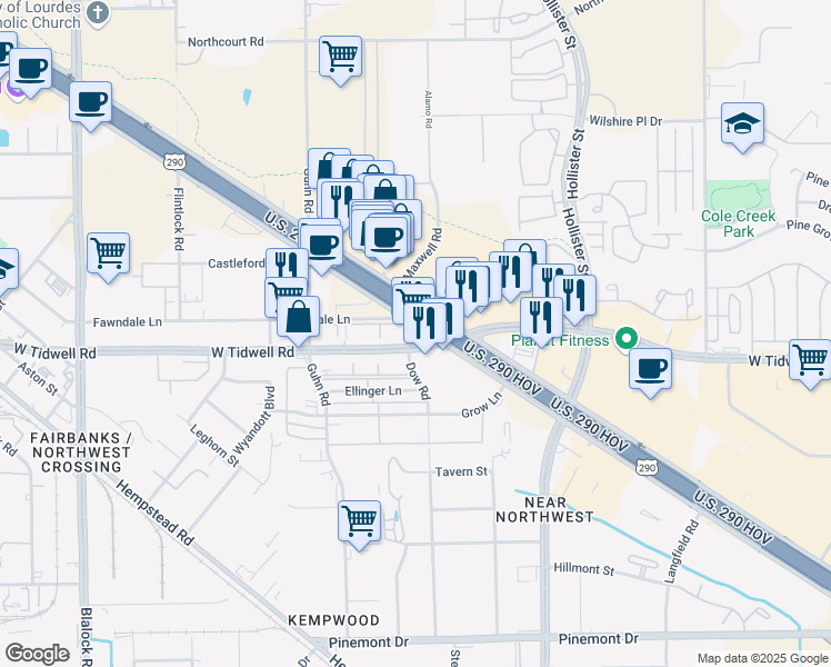 map of restaurants, bars, coffee shops, grocery stores, and more near 13521 Northwest Freeway in Houston