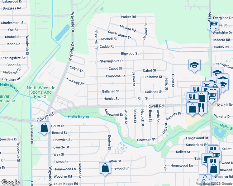 map of restaurants, bars, coffee shops, grocery stores, and more near 8214 Gallahad Street in Houston