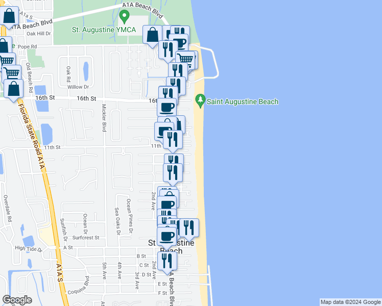 map of restaurants, bars, coffee shops, grocery stores, and more near 2 10th Street in Saint Augustine Beach
