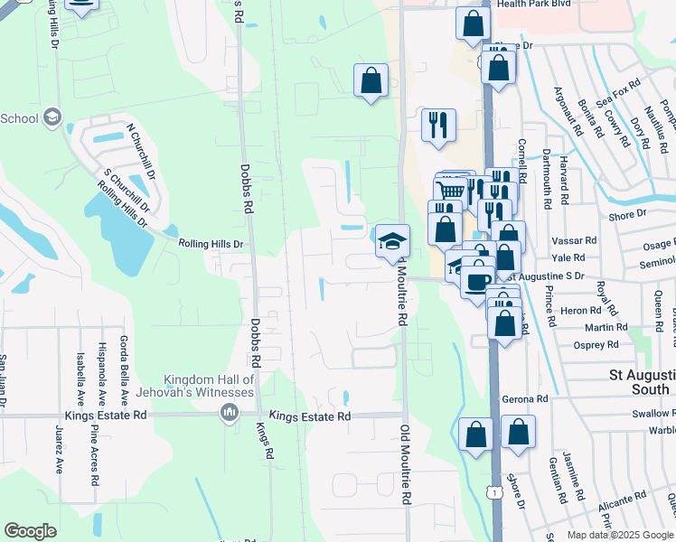 map of restaurants, bars, coffee shops, grocery stores, and more near 624 South Tree Garden Drive in St. Augustine
