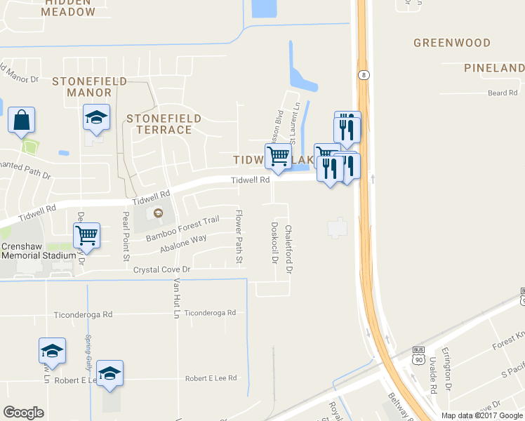 map of restaurants, bars, coffee shops, grocery stores, and more near 13206 Ambrosa Drive in Houston