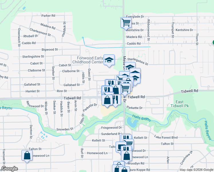 map of restaurants, bars, coffee shops, grocery stores, and more near 8637 Rinn Street in Houston