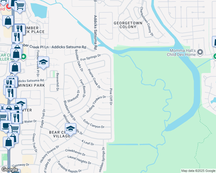 map of restaurants, bars, coffee shops, grocery stores, and more near 15607 4 Season Drive in Houston