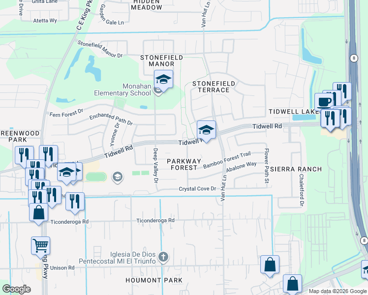 map of restaurants, bars, coffee shops, grocery stores, and more near 8679 Pearl Point Street in Houston