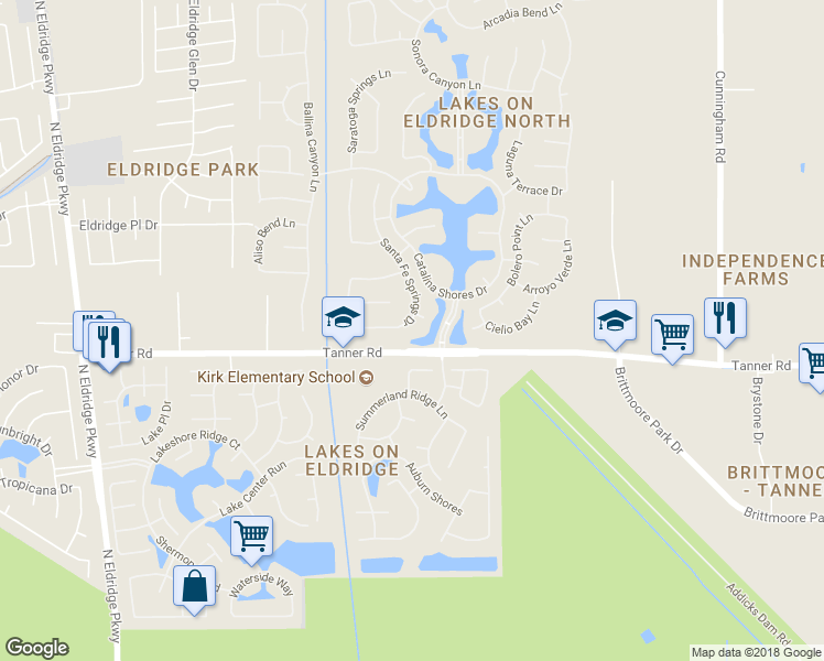map of restaurants, bars, coffee shops, grocery stores, and more near 5740 Santa Fe Springs Drive in Houston