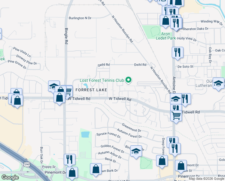 map of restaurants, bars, coffee shops, grocery stores, and more near 6200 West Tidwell Road in Houston
