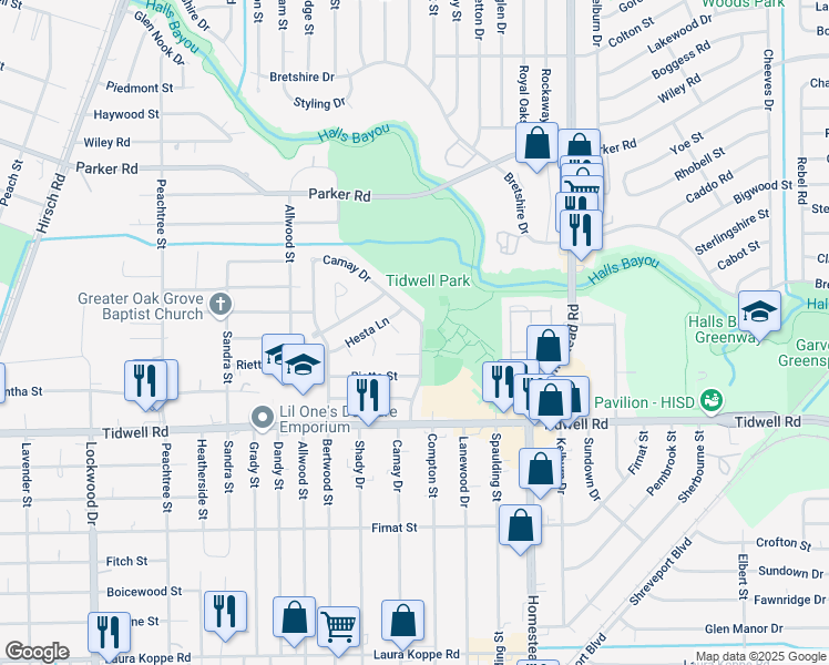 map of restaurants, bars, coffee shops, grocery stores, and more near 9806 Shadydale Lane in Houston