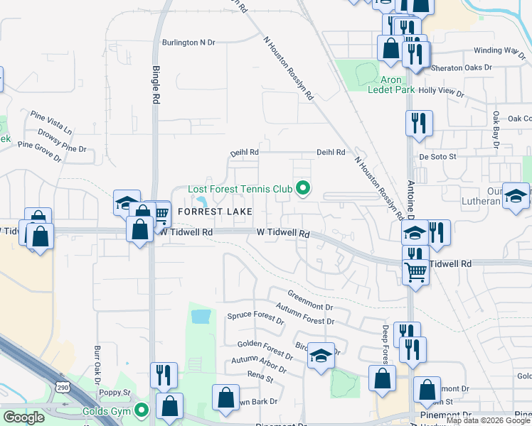 map of restaurants, bars, coffee shops, grocery stores, and more near 6200 West Tidwell Road in Houston