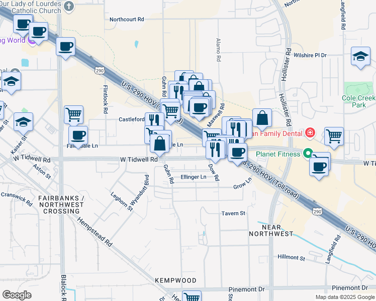 map of restaurants, bars, coffee shops, grocery stores, and more near 8000 West Tidwell Road in Houston