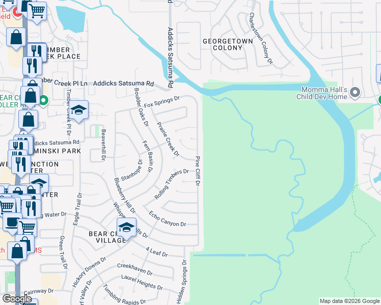 map of restaurants, bars, coffee shops, grocery stores, and more near 15607 4 Season Drive in Houston