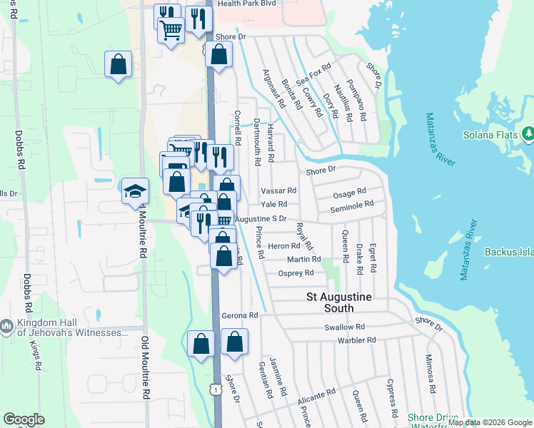 map of restaurants, bars, coffee shops, grocery stores, and more near 305 Saint Augustine South Drive in St. Augustine
