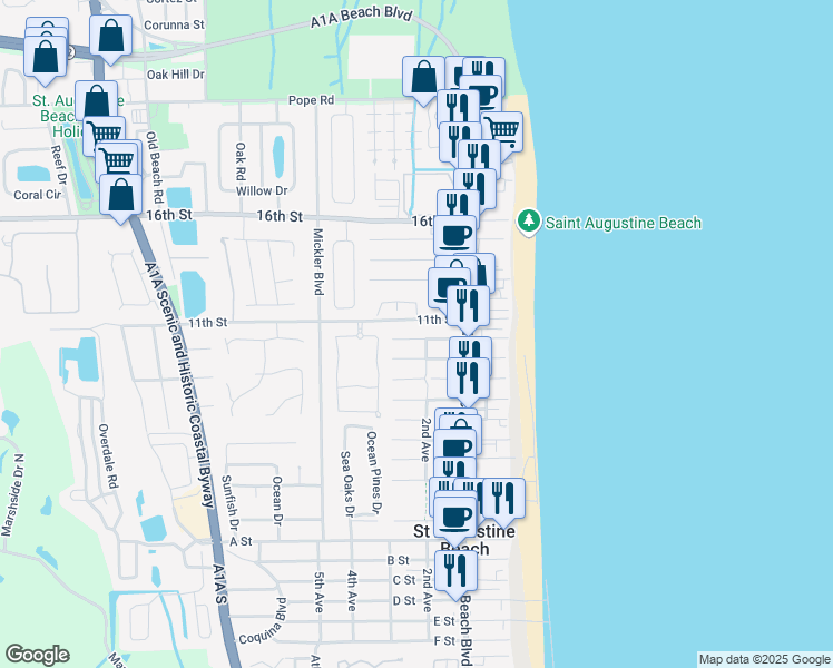 map of restaurants, bars, coffee shops, grocery stores, and more near 204 10th Street in St. Augustine