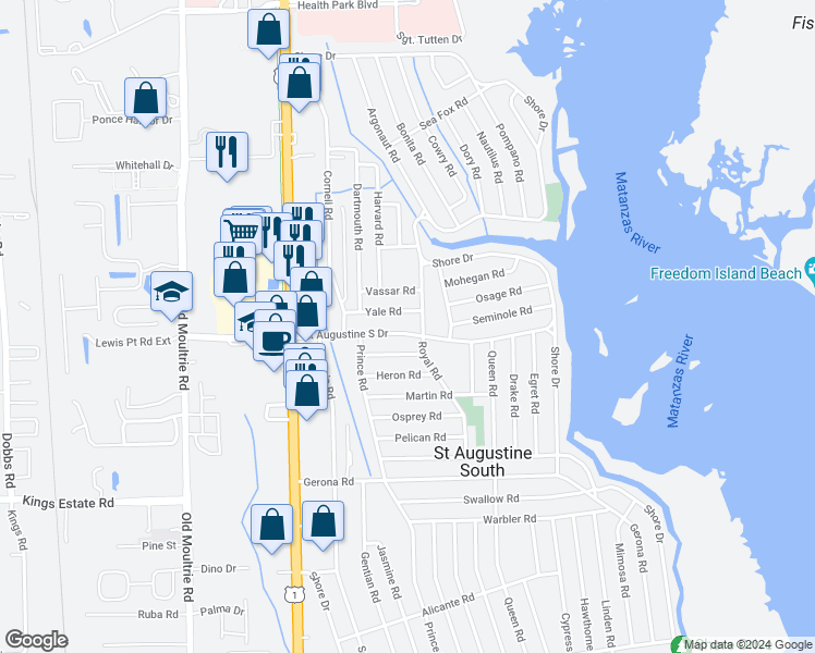 map of restaurants, bars, coffee shops, grocery stores, and more near 327 Saint Augustine South Drive in St. Augustine