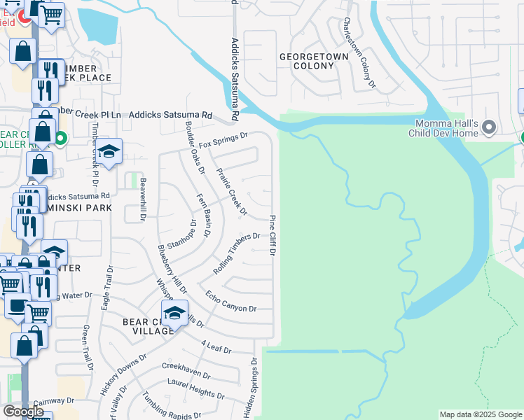 map of restaurants, bars, coffee shops, grocery stores, and more near 15607 4 Season Drive in Houston