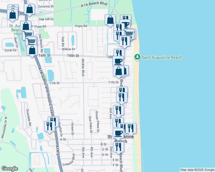 map of restaurants, bars, coffee shops, grocery stores, and more near 214 10th Street in St. Augustine