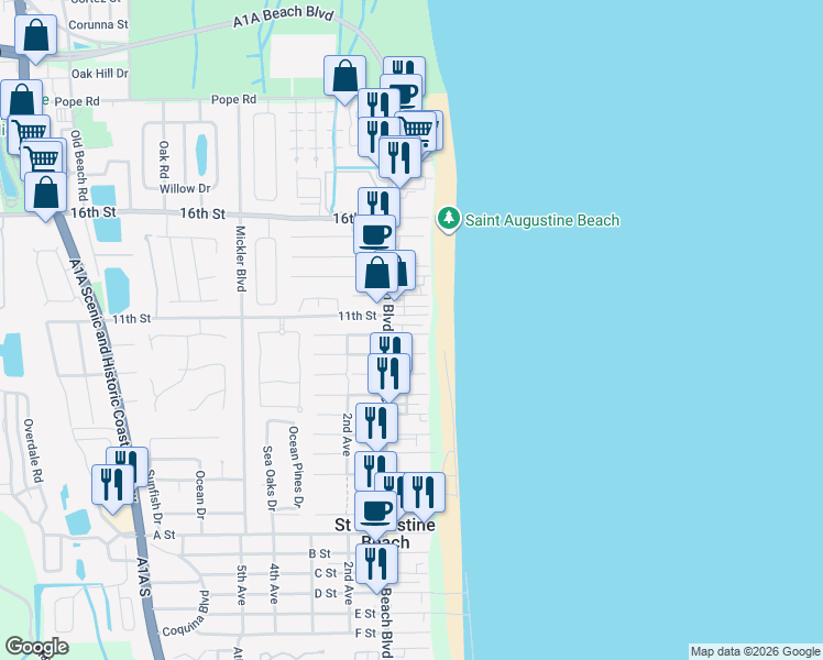 map of restaurants, bars, coffee shops, grocery stores, and more near 514 A1A Beach Boulevard in St. Augustine Beach