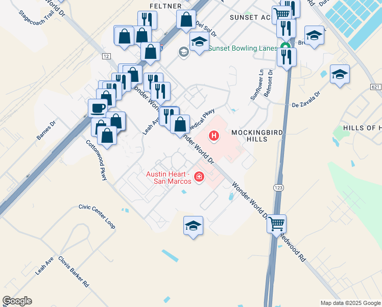 map of restaurants, bars, coffee shops, grocery stores, and more near 1310 Wonder World Drive in San Marcos