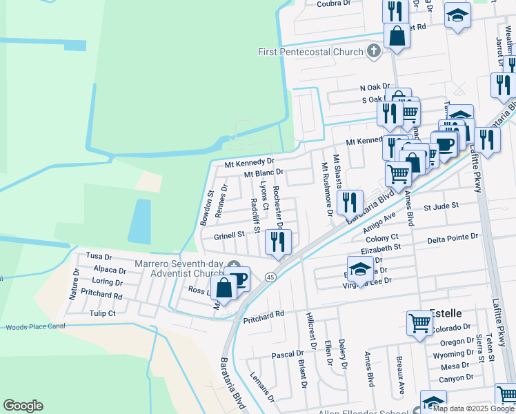 map of restaurants, bars, coffee shops, grocery stores, and more near 5059 Radcliff Street in Marrero