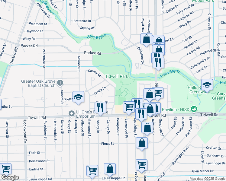 map of restaurants, bars, coffee shops, grocery stores, and more near 9806 Shadydale Lane in Houston