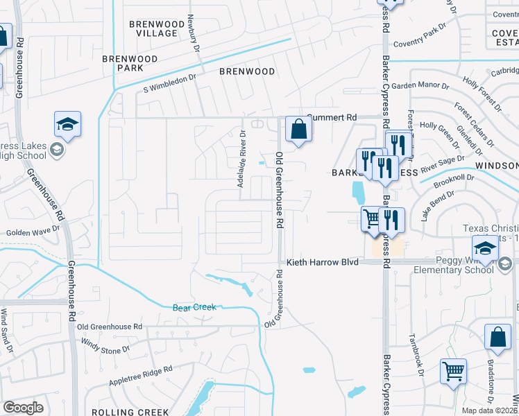 map of restaurants, bars, coffee shops, grocery stores, and more near 18522 Rock Flats Ravine Drive in Katy
