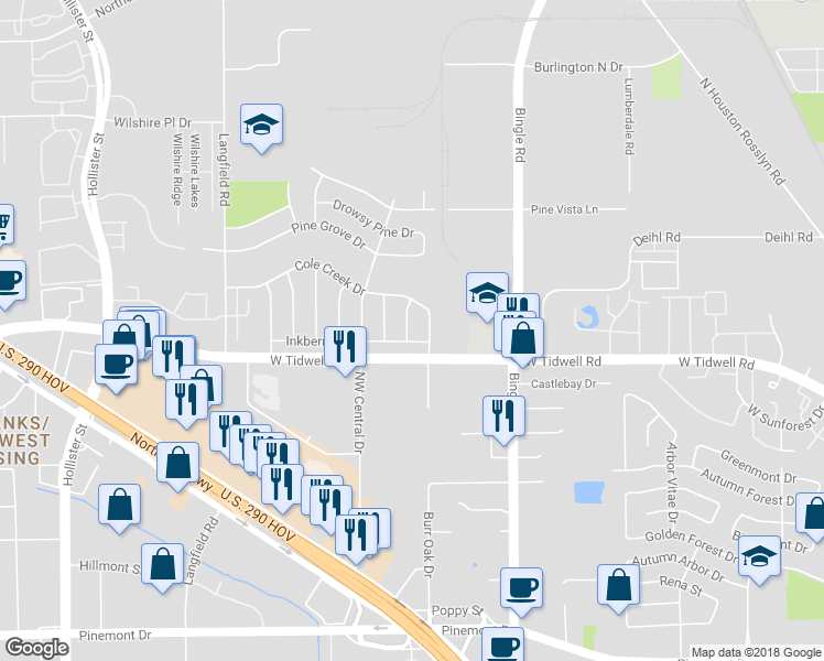 map of restaurants, bars, coffee shops, grocery stores, and more near 5818 Anaqua Drive in Houston