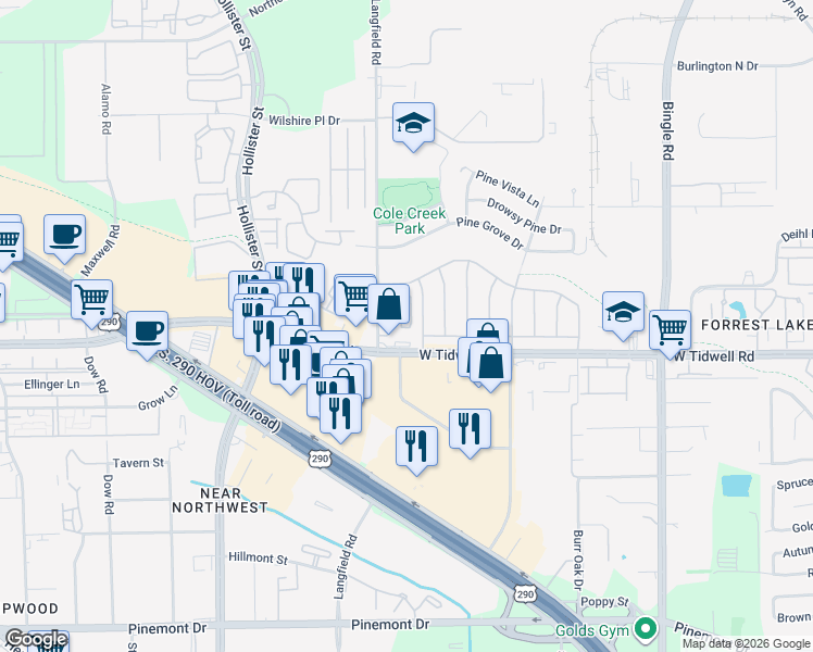map of restaurants, bars, coffee shops, grocery stores, and more near 5828 Sampley Way in Houston
