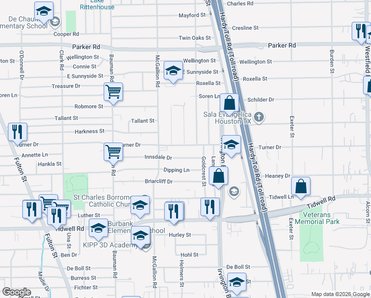 map of restaurants, bars, coffee shops, grocery stores, and more near 802 Turner Drive in Houston