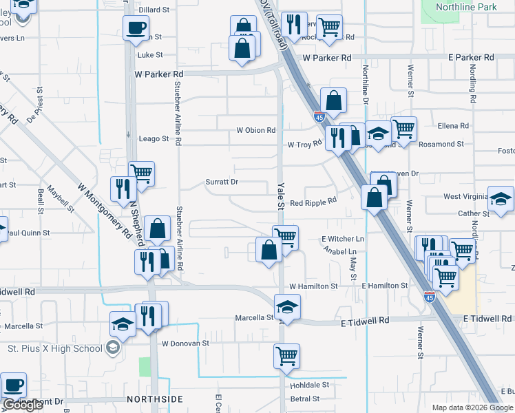 map of restaurants, bars, coffee shops, grocery stores, and more near 326 Ishmeal Street in Houston
